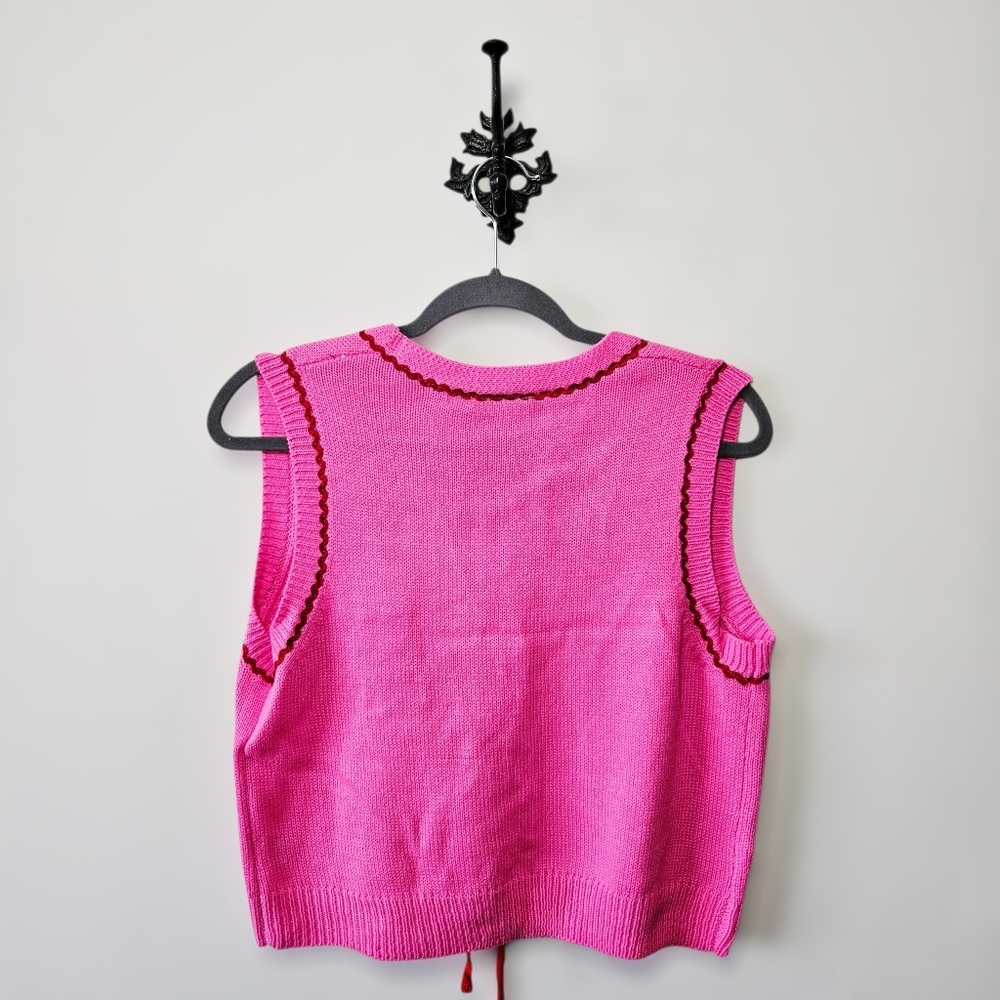 NWT Care Bears Sweater Vest Size S Pink Hearts Tie Front Cardigan - Picture 2 of 3